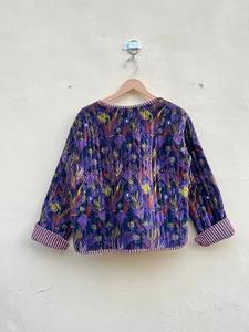 Veste matelassée en velours à imprimé feuilles bleues, veste courte réversible en coton, veste d'hiver style kimono en velours imprimé indien pour femmes - Product Image 6