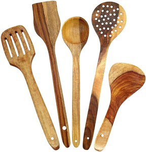 Ensemble de cuillères, spatules et écumoires en bois 100% naturel - Outils de cuisine durables et compatibles lave-vaisselle - Cuillère de service en bois - Product Image 6