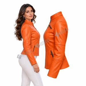 Women's Sleek <b>Leather</b> Rider <b>Jacket</b> Contoured Fit Full Front Zip High Neck <b>Long</b> Sleeve Fashion Streetwear Outerwear Custom Pro - Product Image 5