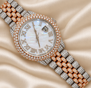Montre de luxe pour femme Raj Gems, quartz, chiffres romains, effet perle, aiguille date, bracelet en verre 18 mm, acier inoxydable 43 mm, style Hip Hop - Product Image 4