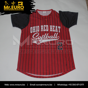 Maillot de softball personnalisé à sublimation, 2 boutons, 100 % polyester, antibactérien, col en V, coupe ample, unisexe, rouge et noir à fines rayures - Product Image 3