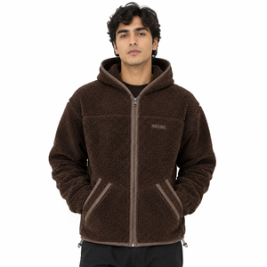 Custom <b>Mens</b> Chocolate Brown <b>Sherpa</b> <b>Fleece</b> Full Zip Hoodie Warm Winter Jacket OEM Clothing Manufacturer - Product Image 1