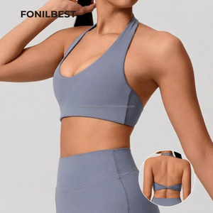 Ensemble de yoga FONILBEST pour femmes, soutien-gorge de sport gris uni à dos croisé, leggings taille haute respirants, vêtements de sport - Product Image 1