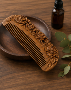 Hand Carved Wooden Hair Comb Floral Rose Design Natural Anti-Static Detangling Eco-Friendly Durable Curved <b>Beard</b> Hair Comb - Product Image 3
