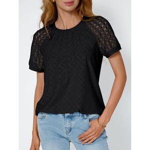 Trendy Women's Short Sleeve Shirts Summer Dressy Tops Eyelet Embroidery Casual Lace T-Shirts Work Outfits - Product Image 1