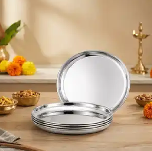 Assiettes rondes en acier inoxydable, métal poli, plats de service plats, compatibles lave-vaisselle, à prix avantageux - Product Image 1