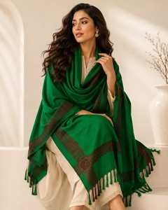 Green <b>Wool</b> Embroidered Shawl Scarf with Tassel Border Reversible & Lightweight Traditional Headscarf <b>Wrap</b> for Daily Wear - Product Image 2