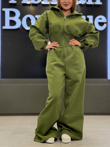 Custom 2026 Women Hooded Jumpsuit Fleece Onesie Wide Leg Zip Up <b>Romper</b> Casual Streetwear Lounge Wear Custom Logo Wholesale - Product Image 3