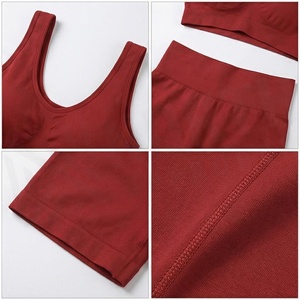 2 Piece Yoga Set Solid <b>Red</b> Racerback <b>Crop</b> <b>Top</b> High Waist Shorts Seamless Breathable Sportswear - Product Image 4