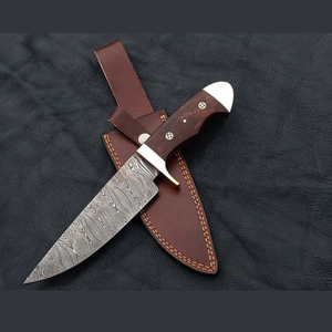 Handmade Damascus Steel Straight <b>Drop</b> Point Bowie Knife Fixed Hunting Utility Knife Pakka Wood Handle Genuine Leather Sheath OEM - Product Image 1