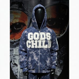 OEM Custom Man <b>Embroidery</b> Applique Distressed Zip up Acid Wash Sweatpants and Hoodies <b>Sets</b> Flared Tracksuits for Men - Product Image 6