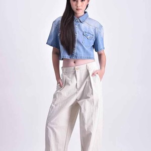 Chemisier en jean respirant à manches courtes pour femme, en coton de haute qualité, style décontracté, personnalisable - Product Image 5