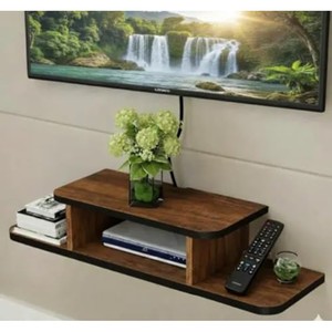 Walnut Wood Traditional Asymmetrical <b>TV</b> <b>Stand</b> Wall Shelf-Single Tier Durable Living Room Furniture Handcrafted India - Product Image 2