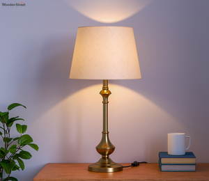 Polished Brass Finish Metal Table <b>Lamp</b> Bedside Floor <b>Lamp</b> with Beige Fabric Shade for Bedroom Living Room Decor - Product Image 1