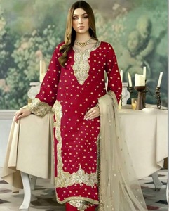 <b>Red</b> <b>Silk</b> Salwar Kameez Set Sequins Embroidered Ready Made Indian Pakistani Outfit With Dupatta for Wedding PartyWear for Women - Product Image 1