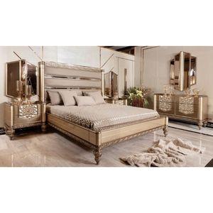 Luxury Art Deco Solid Teak Wood Bedroom Set Scalloped King Size Bed Mirrored Wardrobe 2 Nightstands Dressing <b>Table</b> Furniture - Product Image 3