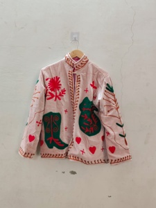 Hand Embroidered <b>Velvet</b> <b>Jacket</b> With Floral And Animal Motifs Mandarin Collar Full Sleeve Autumn Women's Coat - Product Image 2