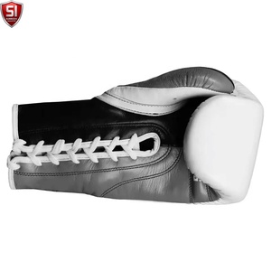 Gants de boxe SUMROOS SI en cuir de vachette blanc et noir, à lacets, durables, confortables, avec sangle de poignet réglable - Product Image 3