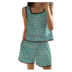 Conjunto de Pijama Corto de Algodón para Mujer con Estampado Floral y Ribete de Encaje, Estampado a Mano con Bloques Indios, Sin Mangas, Primavera/Verano - Product Image 3