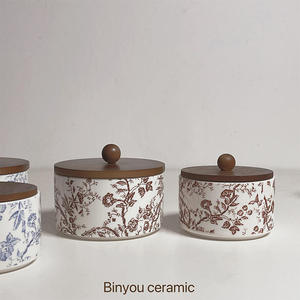 ZF global export French Vermilion Pattern Ceramic Seasoning Storage <b>Jar</b> with Lid for Herb & <b>Spice</b> Organization Wooden Lids Airt - Product Image 1