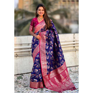 Sari en soie douce violet Banarasi avec contraste Jaal, tissé avec des fils Zari - Vêtements indiens et pakistanais - Product Image 5