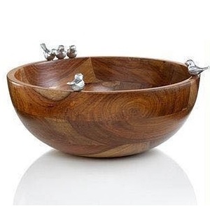 Vasque sur pied en bois d'acacia foncé Japandi, écologique |   Bol à salade profond et arrondi avec pied en métal pour les fêtes - Product Image 3