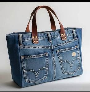 Full Custom Denim Zipper <b>Tote</b> <b>Bag</b> Embroidered Front Design Bottom Gusset Leather-look Handles for Custom Conference Exhibition - Product Image 2