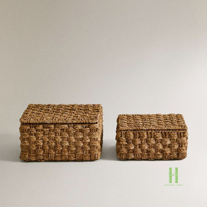 Handmade <b>Rustic</b> Straw Woven Storage Baskets Rectangle Natural Plant Fiber Organizer for Living Room Neatening Use with Lid - Product Image 2