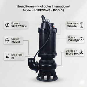 Bomba cortadora de aguas residuales Hydroplus International de 10 HP, de alta resistencia, para transferencia de aguas residuales industriales, 380 V, 100 m³/h, 15 m de altura de elevación - Product Image 2
