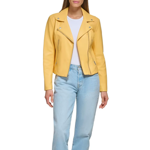 Veste de moto en cuir PU jaune pour femmes, manches longues, col rabattu, fermeture éclair, manteau court - Product Image 1