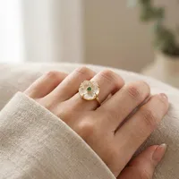 Cincin ukiran gaya punk kristal kuarsa batu permata bentuk bunga, dapat diatur, untuk wanita, berlapis emas 18K, perhiasan kuningan dengan setting cakar