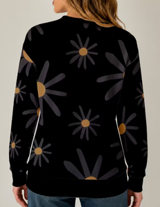 Sudadera Negra Extra Grande con Estampado Floral, Cuello Redondo, Manga Larga, Tejida, Informal, Unisex, para Otoño, 100% Algodón - Product Image 2