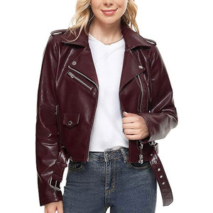 Women's Burgundy PU Leather Moto Jacket <b>Zipper</b> Closure Turn-down Collar Regular Fit Autumn Style - Product Image 3