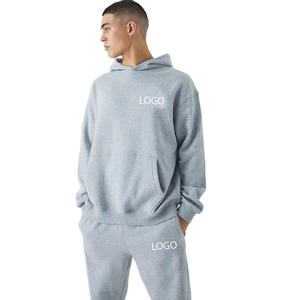 Sweat-shirt à capuche gris chiné et jogging assorti, logo personnalisé, vêtements en molleton de coton unisexe, production en gros - Product Image 1