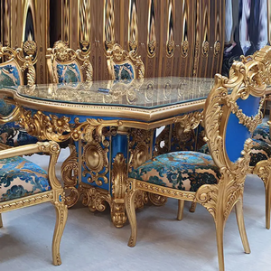 Ensemble de table à manger de style baroque européen de luxe en acajou massif avec accents dorés et bleus, table rectangulaire classique avec buffet - Product Image 5