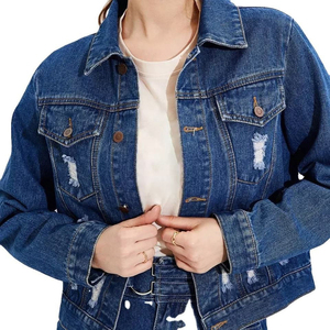 Women's Distressed <b>Denim</b> <b>Jacket</b> <b>Cropped</b> Classic Fit Vintage Style Solid Blue Casual Outerwear Autumn Wear - Product Image 3
