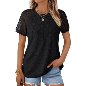 Women's Gray Crew Neck T-Shirt Lace <b>Raglan</b> Sleeves Solid Color Casual Summer <b>Top</b> Breathable Knitted Fabric Polyester 180g - Product Image 6
