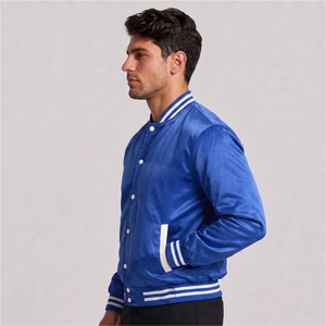 Chaqueta Varsity Azul Satinado para Hombre con Ribete Blanco, Corte Regular, Estilo Casual - Product Image 3