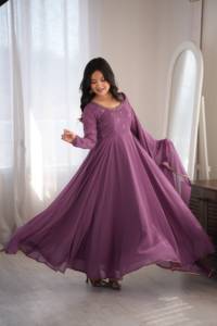 Purple Silk Anarkali Salwar Kameez Embroidered Long Sleeve Quick Dry <b>Kurti</b> with Dupatta <b>for</b> Wedding Party <b>Women</b> - Product Image 4