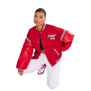 Wholesale Red Varsity <b>Jacket</b> Women PU Leather Sleeves Embroidered Logo Front Turn-Down Collar Full Sleeve Autumn Style - Product Image 5
