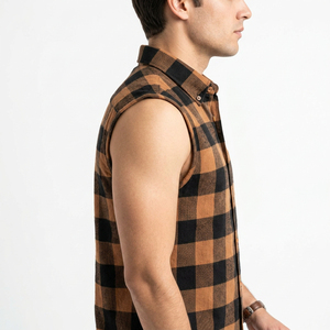 Chemise en flanelle à carreaux sans manches pour homme, col rabattu, tenue décontractée d'automne, 100% coton, motif à carreaux tissé - Product Image 3