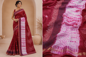 Sari en coton bordeaux traditionnel indien avec imprimé Bandhani, vêtements ethniques pour femmes, sari tie-dye Shibori avec pièce de tissu pour la blouse - Product Image 3
