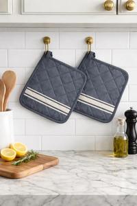 Manchette de four carrée en lin et coton gris uni, double face, 100 % biologique, avec rembourrage isolant thermique, pour Noël - Product Image 2