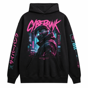 Sudadera con Capucha Negra para Hombre Cyberpunk 2077, Corte Holgado, Estampado Frontal, Estilo Urbano, Bolsillos, Impresión Digital, Tejido de Punto - Product Image 1