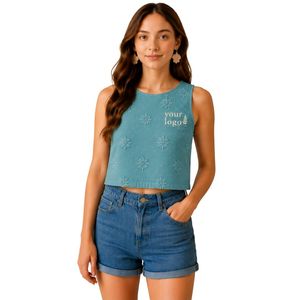 Teal <b>Blue</b> Floral Embroidered <b>Crop</b> Tank <b>Top</b> Women Sleeveless Cotton Summer Vest Custom Logo Casual Fashion Streetwear Short <b>Top</b> - Product Image 1