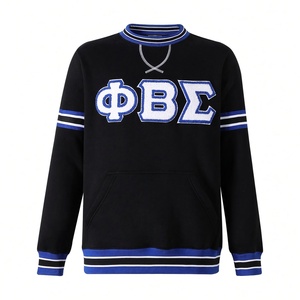 Mens Varsity <b>Crewneck</b> Sweatshirt with Greek Letter Embroidery Kangaroo Pocket Striped Ribbed Trim Casual Greek style - Product Image 3