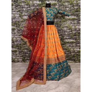 Teal Green and Yellow Embroidered Bridal <b>Lehenga</b> Choli for Wedding Apparel - Product Image 3