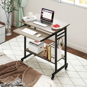 Scrivania Regolabile in Altezza con Vassoio Estraibile per Tastiera e Ganci, Tavolo per Laptop con Ruote per Ufficio e Scuola - Product Image 2
