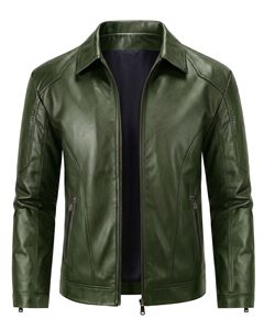 <b>Men's</b> Green Leather <b>Jacket</b> Turn-down Collar Zipper Closure Moto Biker Style Autumn Outerwear Slim Fit Regular Sleeve - Product Image 1