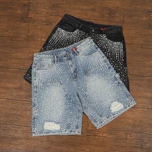 ผู้ผลิตกางเกงยีนส์เดนิมสไตล์วินเทจแบบทำสีซีด แต่งคริสตัล กางเกงยีนส์ขาสั้นทรงหลวมสำหรับผู้ชาย กางเกงยีนส์ขาสั้นเดนิมสำหรับผู้ชาย - Product Image 4